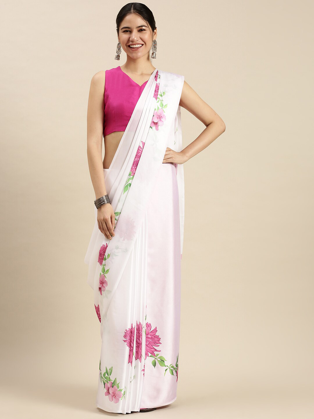 

Ethnic Threads White & Pink Floral Satin Saree