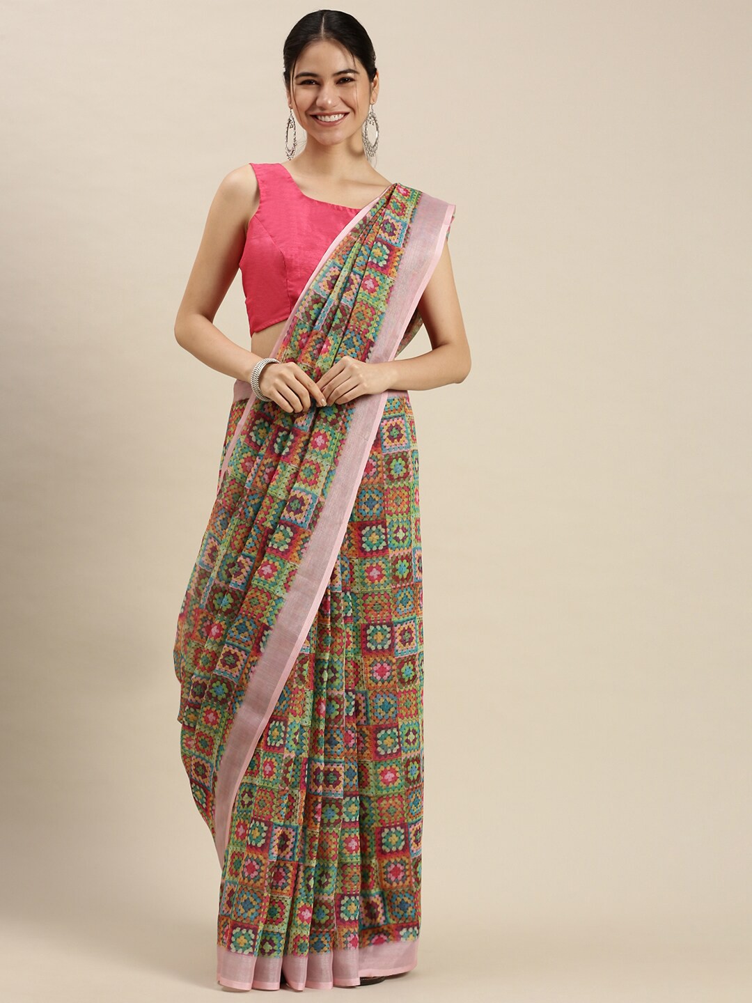 

Ethnic Threads Peach-Coloured & Green Ethnic Motifs Zari Pure Linen Saree