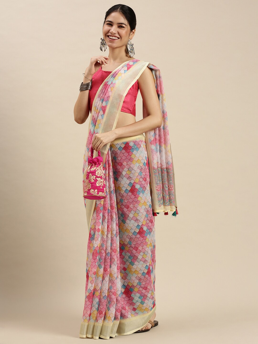 

Ethnic Threads Women Multicolor Zari Pure Linen Saree, Multi
