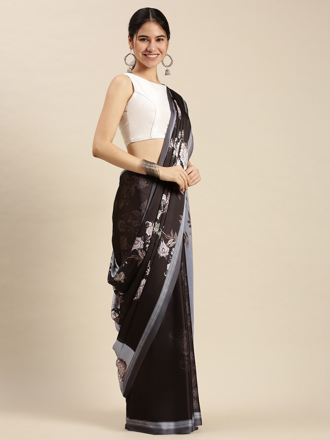 

Ethnic Threads Black & Grey Floral Satin Saree