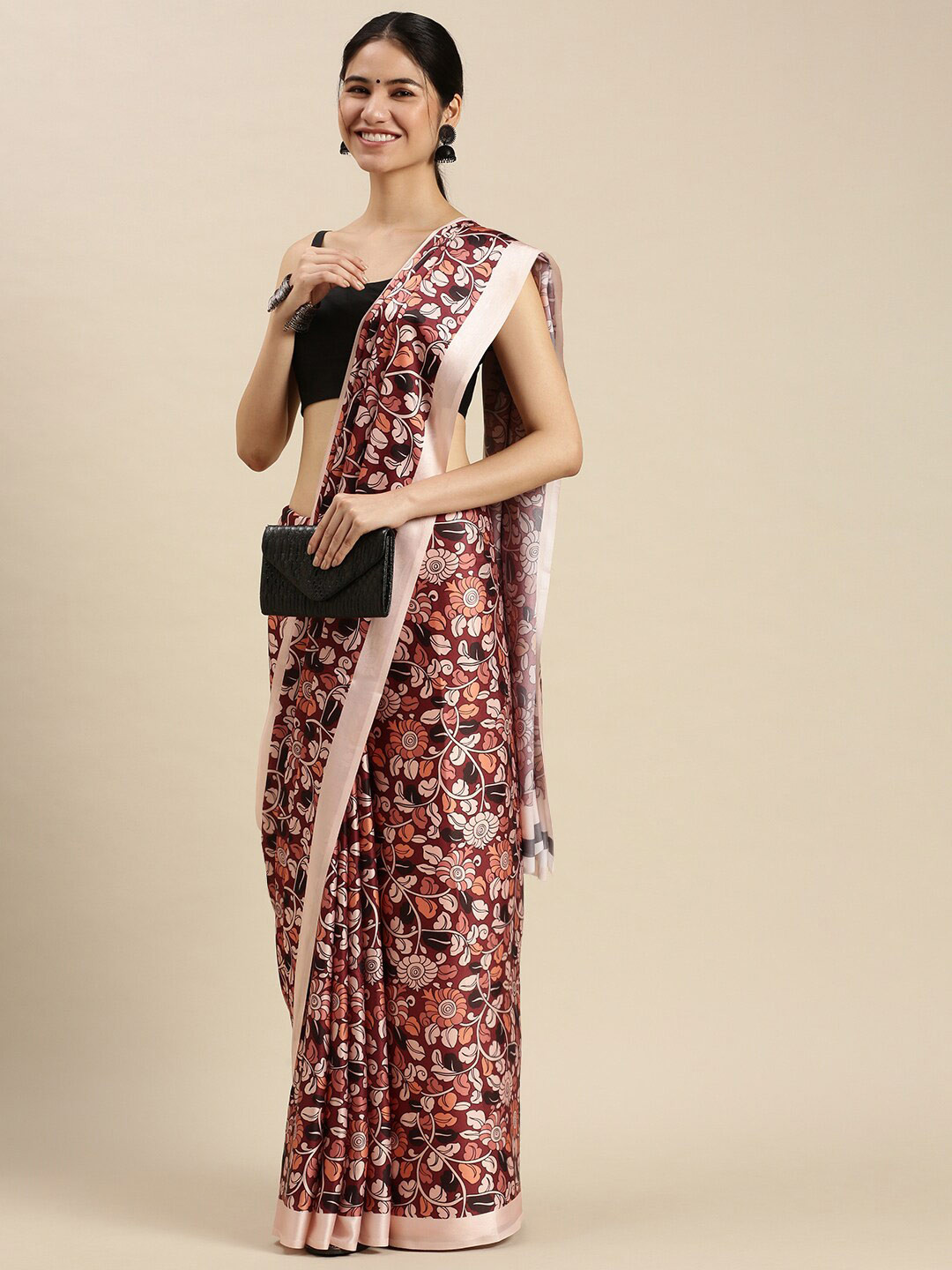 

Ethnic Threads Brown & Pink Floral Satin Saree