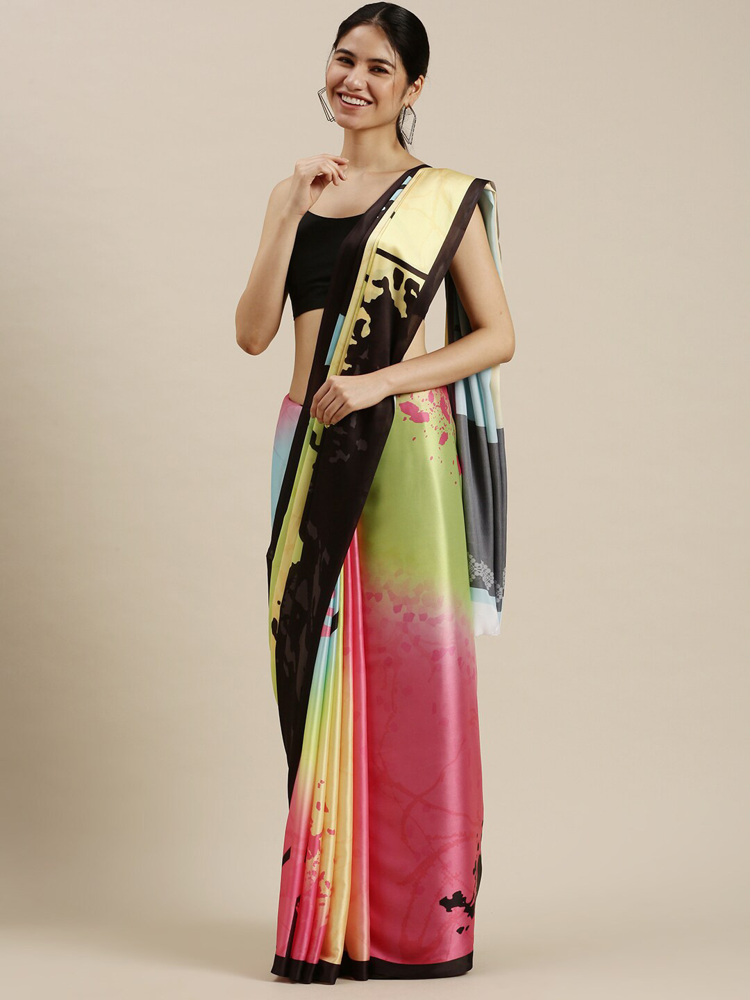 

Ethnic Threads Black & Pink Satin Saree