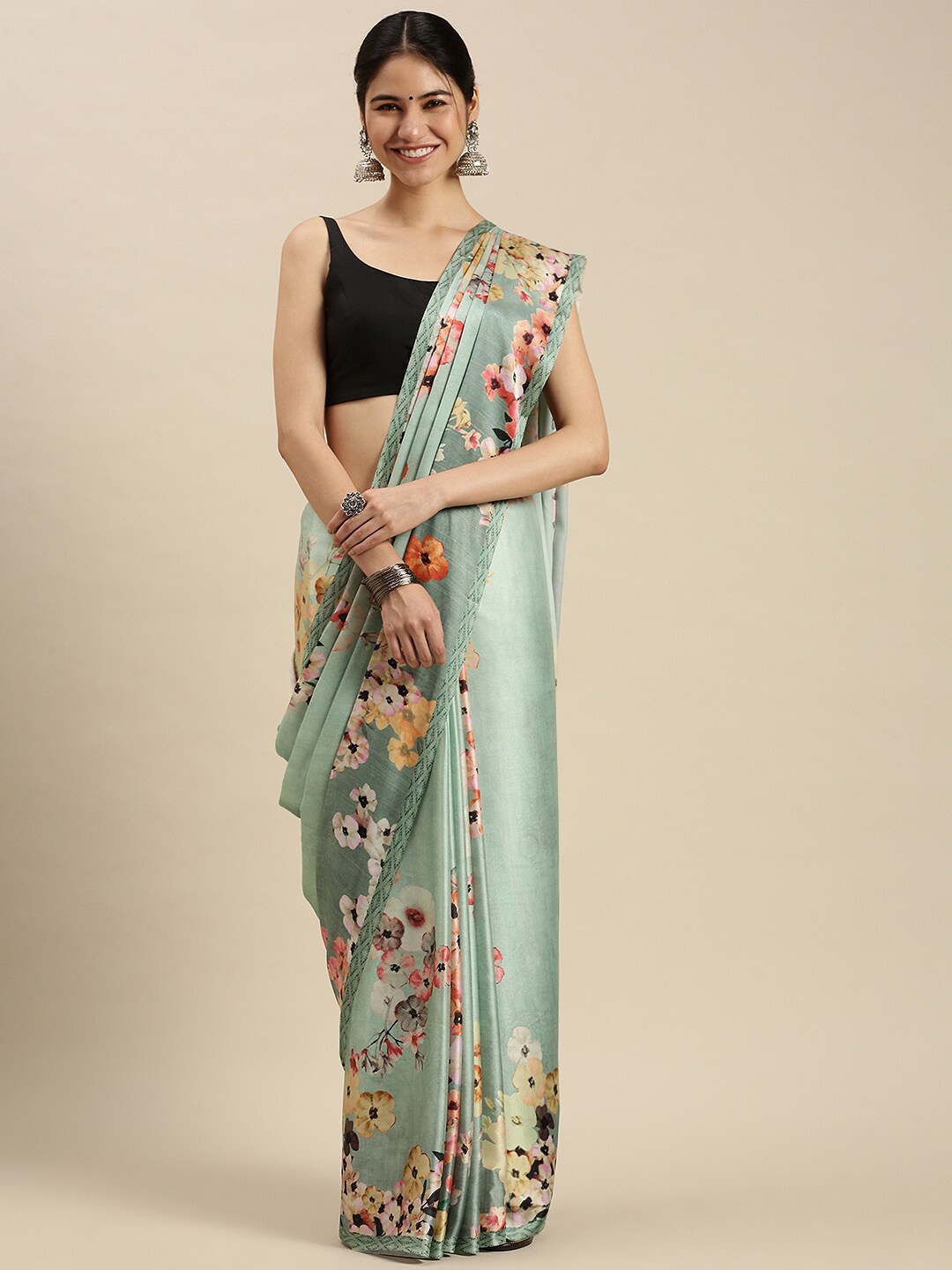 

Ethnic Threads Green & Yellow Floral Satin Saree