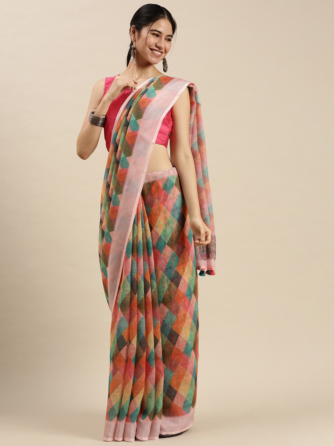 

Ethnic Threads Orange & Pink Pure Linen Saree