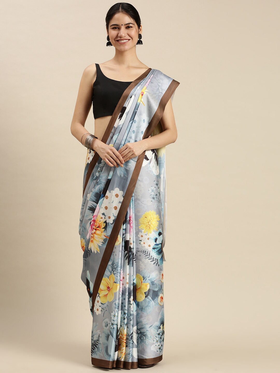 

Ethnic Threads Grey & Yellow Floral Satin Saree