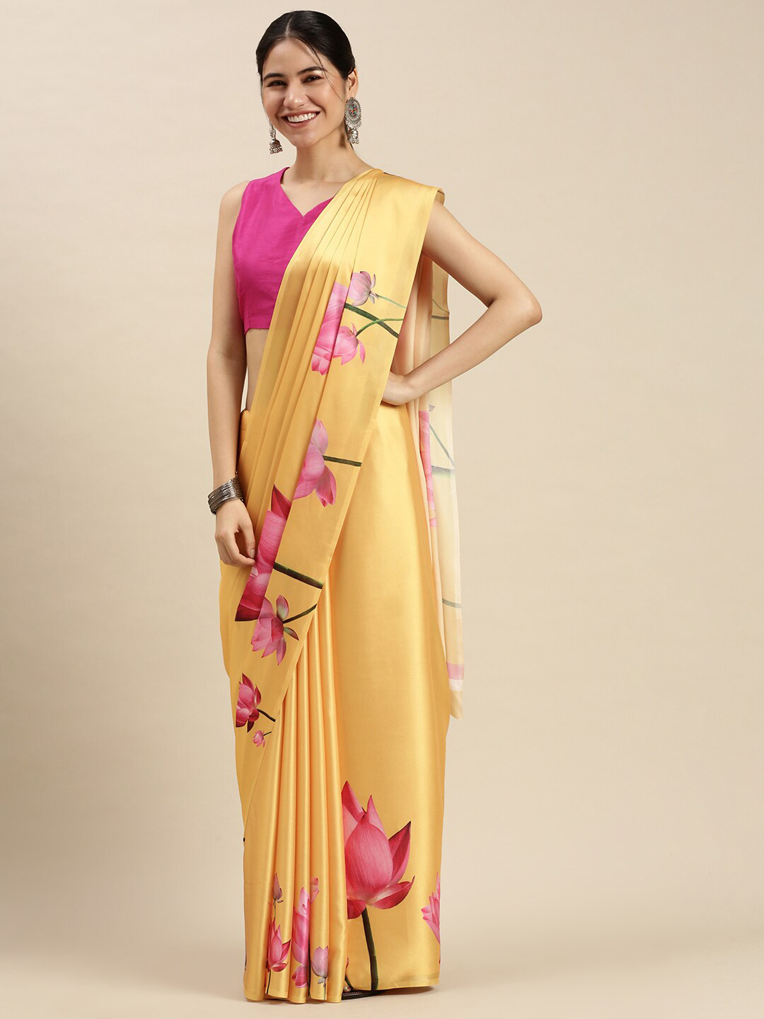 

Ethnic Threads Yellow & Pink Floral Satin Saree