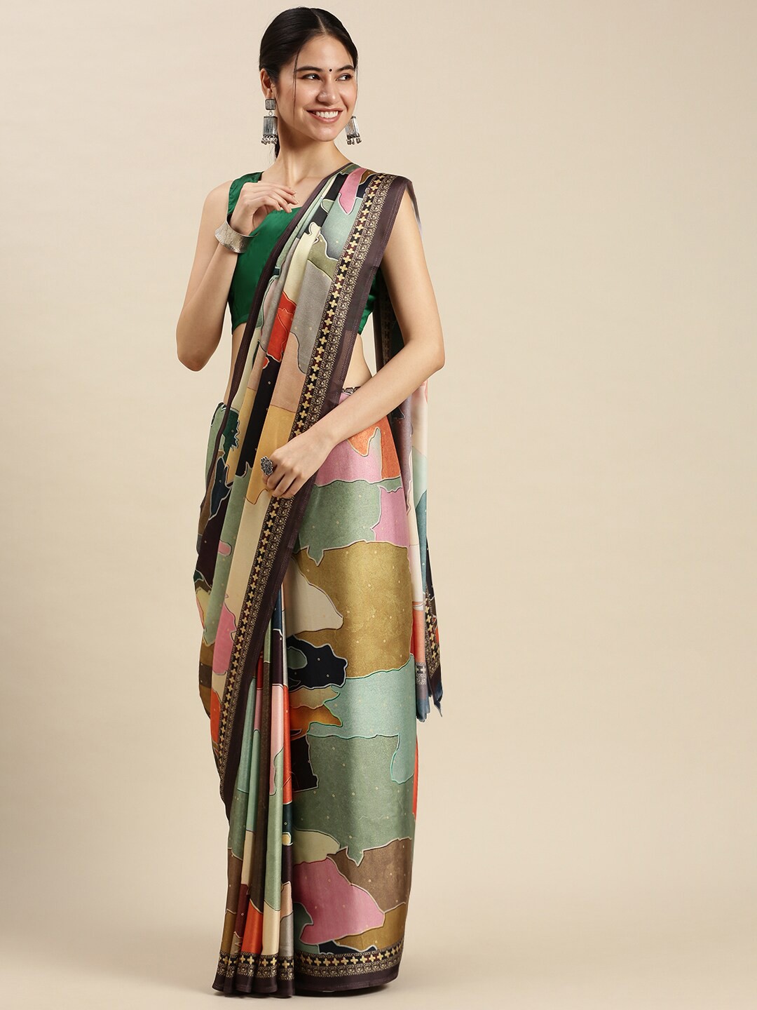 

Ethnic Threads Brown & Green Satin Saree