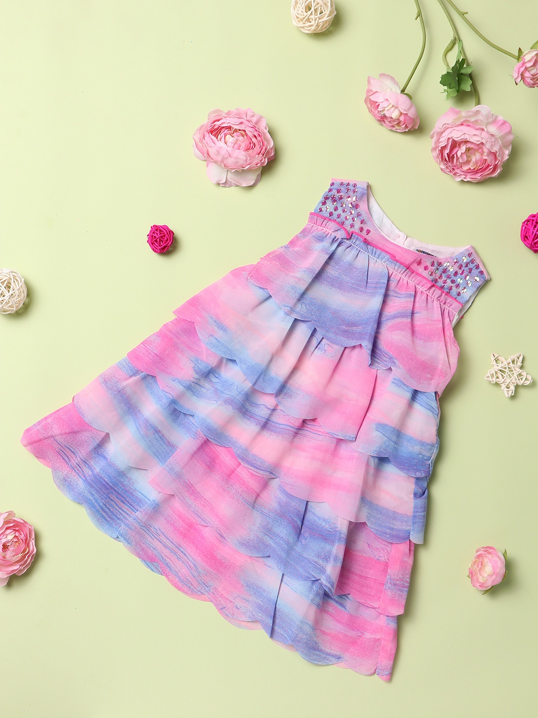 

Nauti Nati Pink & Blue Tie and Dye Layered Georgette A-Line Dress