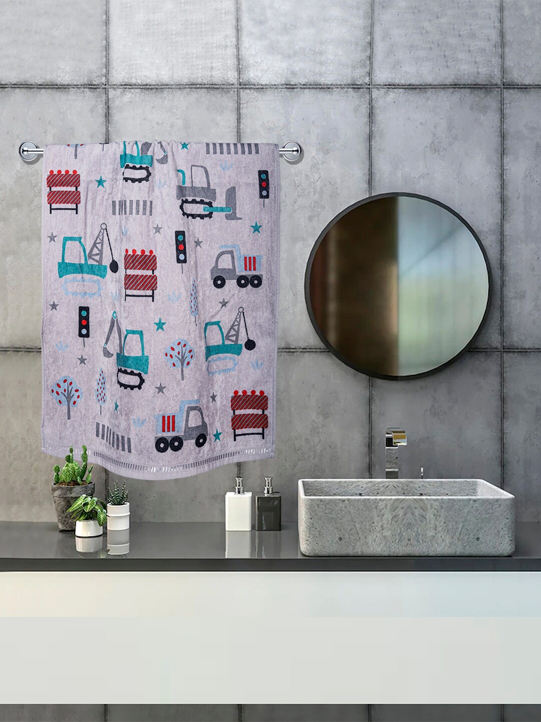 

RANGOLI Kids Grey & Blue Printed 380 GSM Pure Cotton Bath Towel