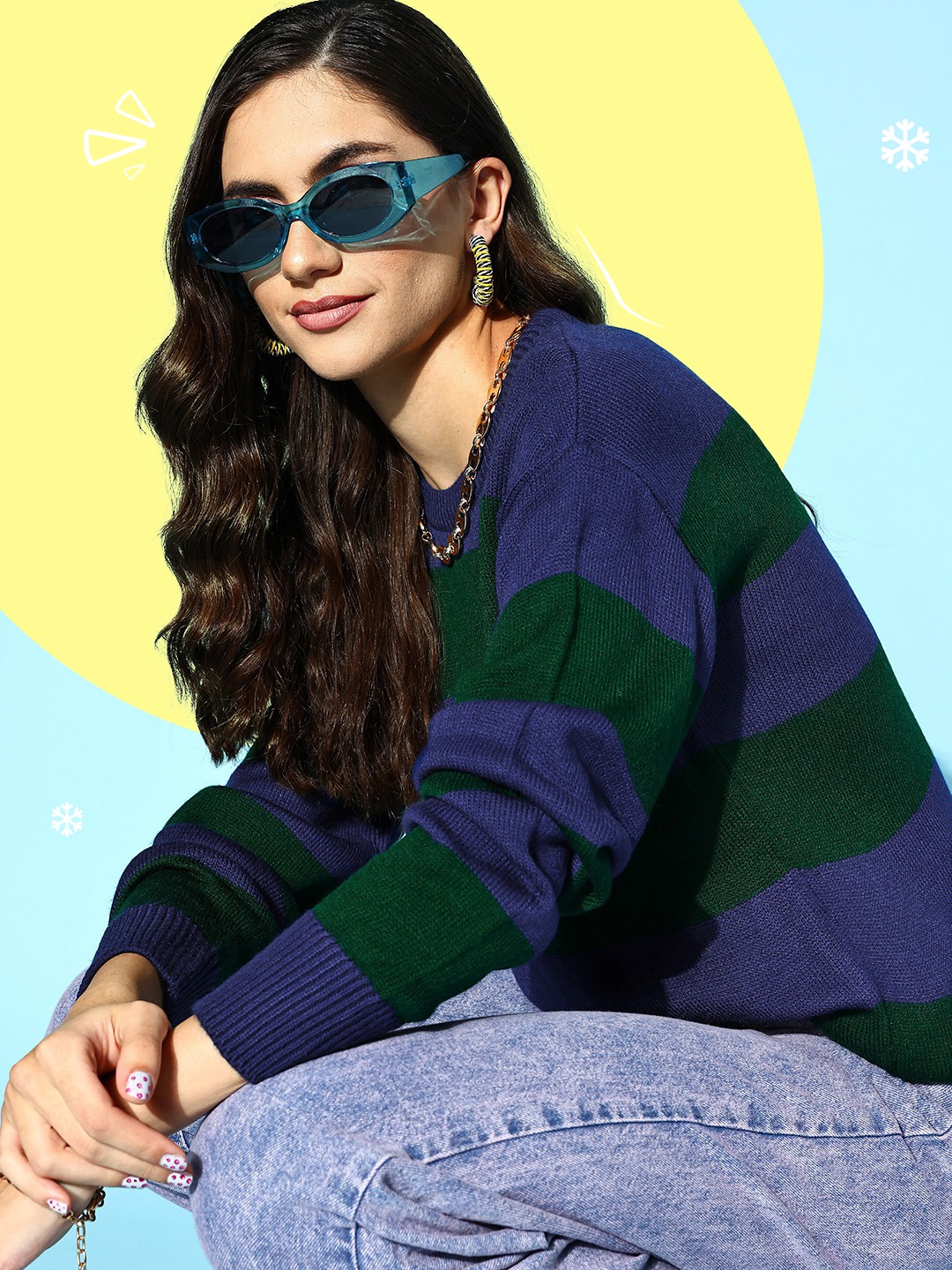

Berrylush Women Blue Striped Knits Bits Sweater