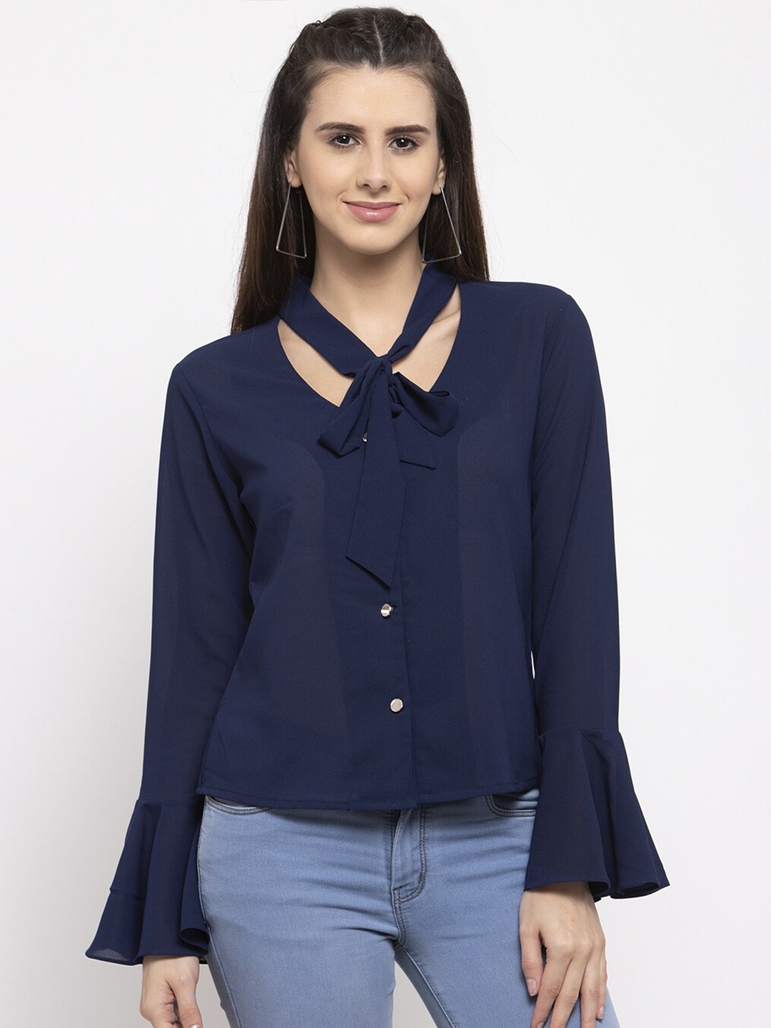 

Claura Navy Blue Solid Tie-Up Neck Georgette Shirt Style Top