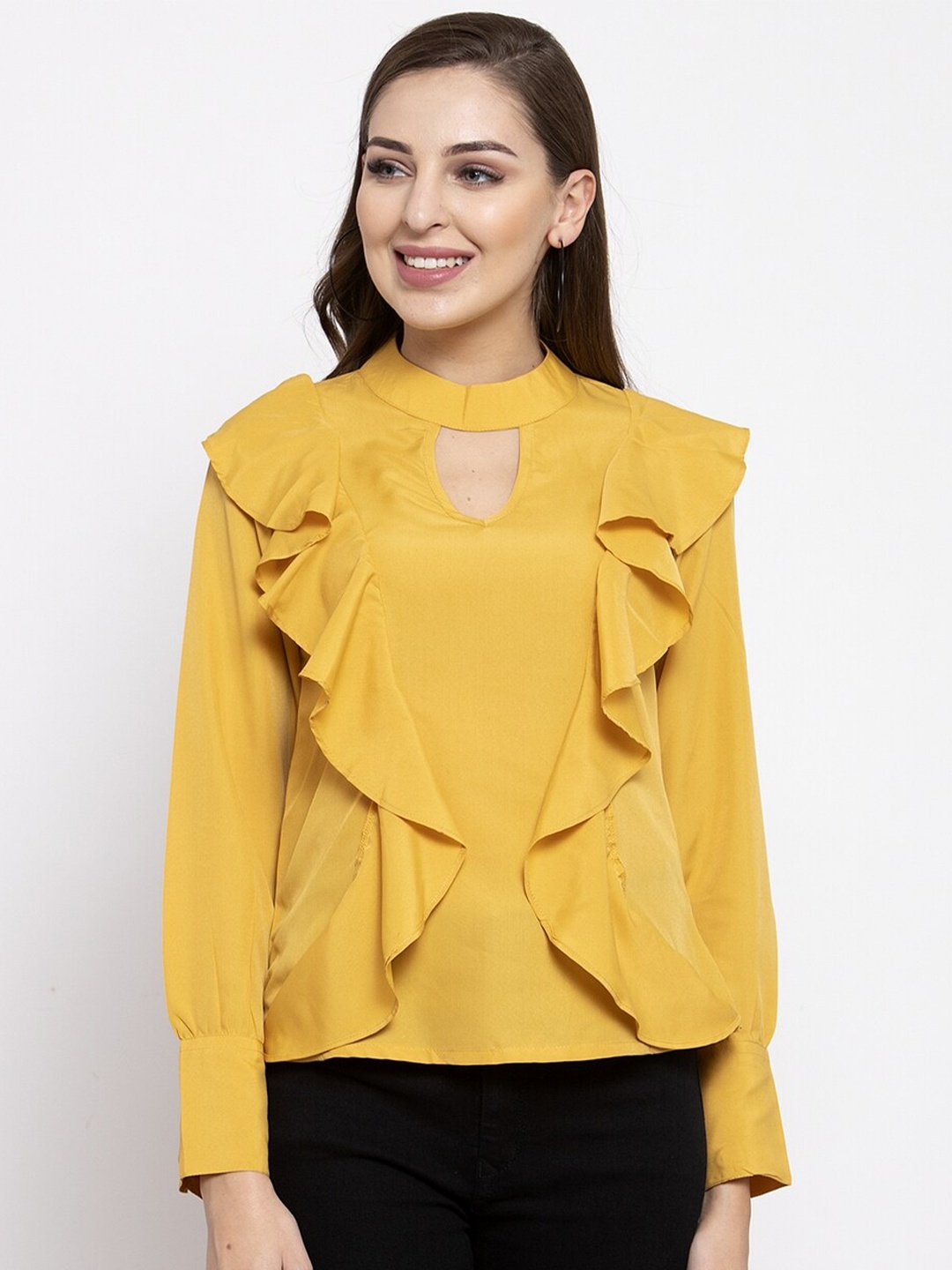 

Claura Women Yellow Keyhole Neck Ruffles Crepe Top