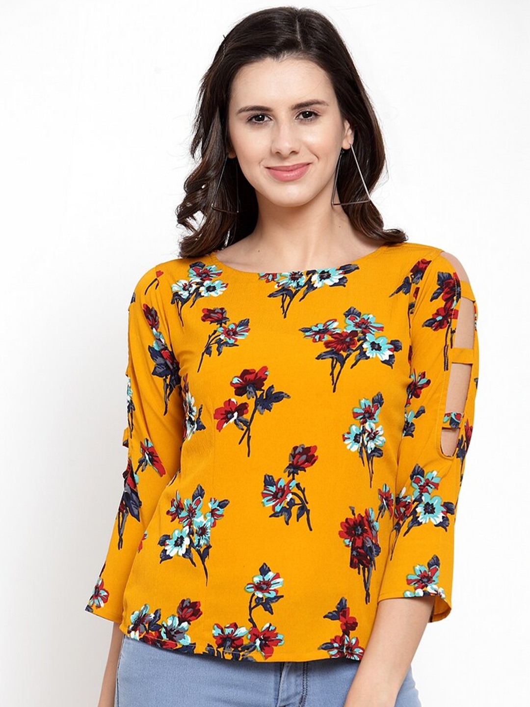 

Claura Yellow & Red Floral Print Crepe Top