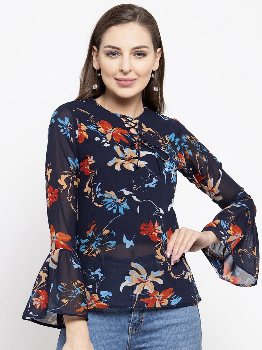 

Claura Navy Blue Floral Print Georgette Top