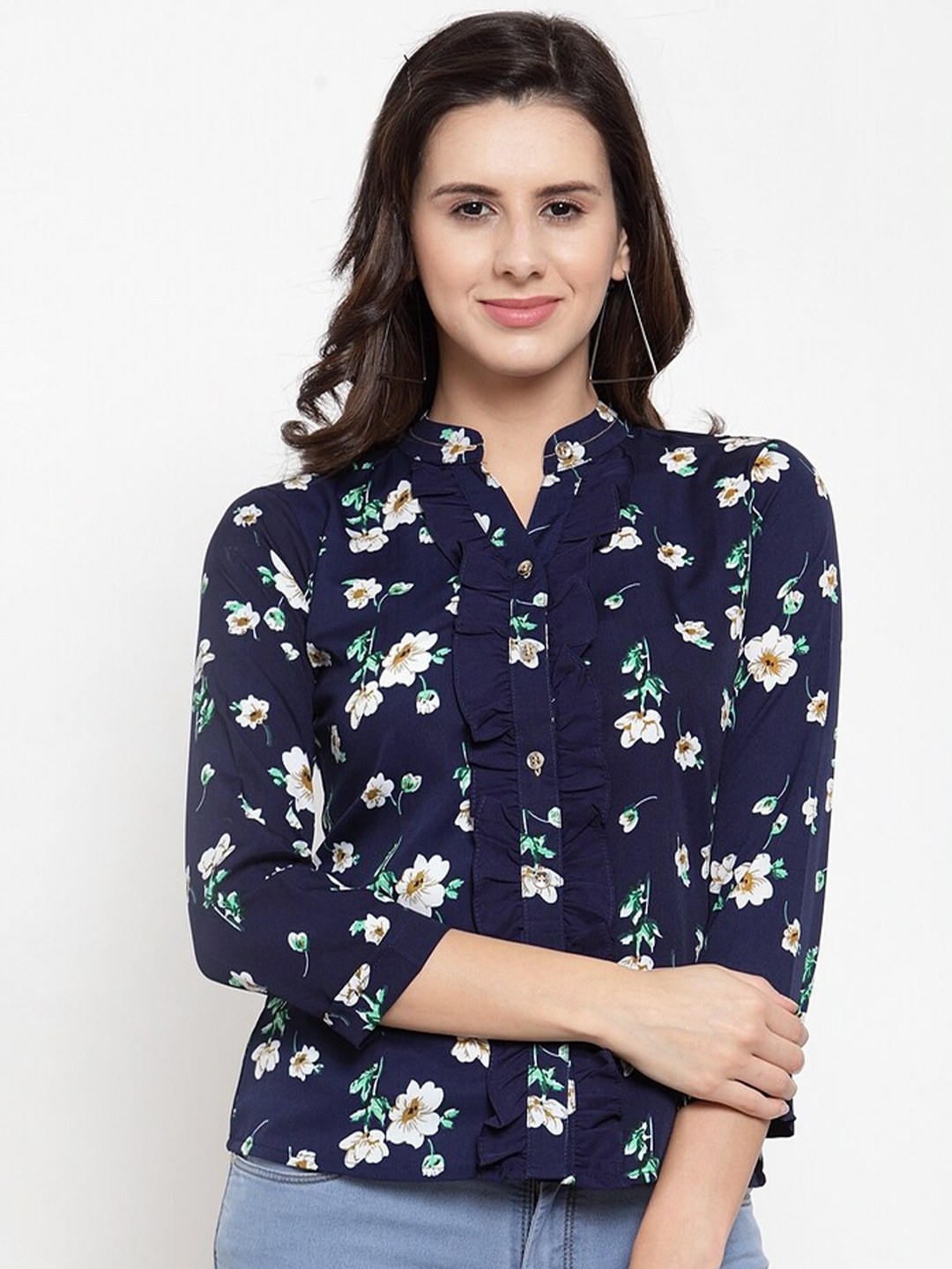 

Claura Blue Floral Print Mandarin Collar Georgette Shirt Style Top