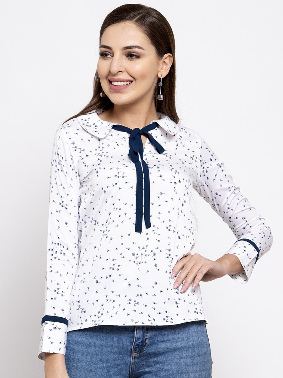 

Claura Off White & Navy Blue Floral Print Tie-Up Neck Georgette Shirt Style Top