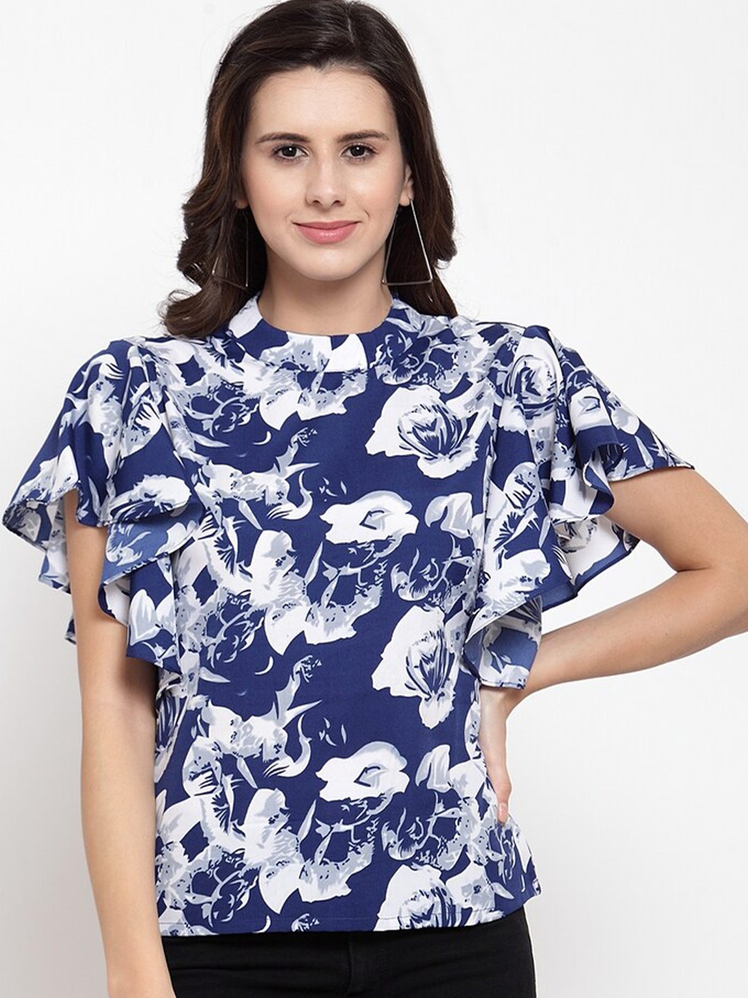 

Claura Women Blue & White Floral Print Georgette Top