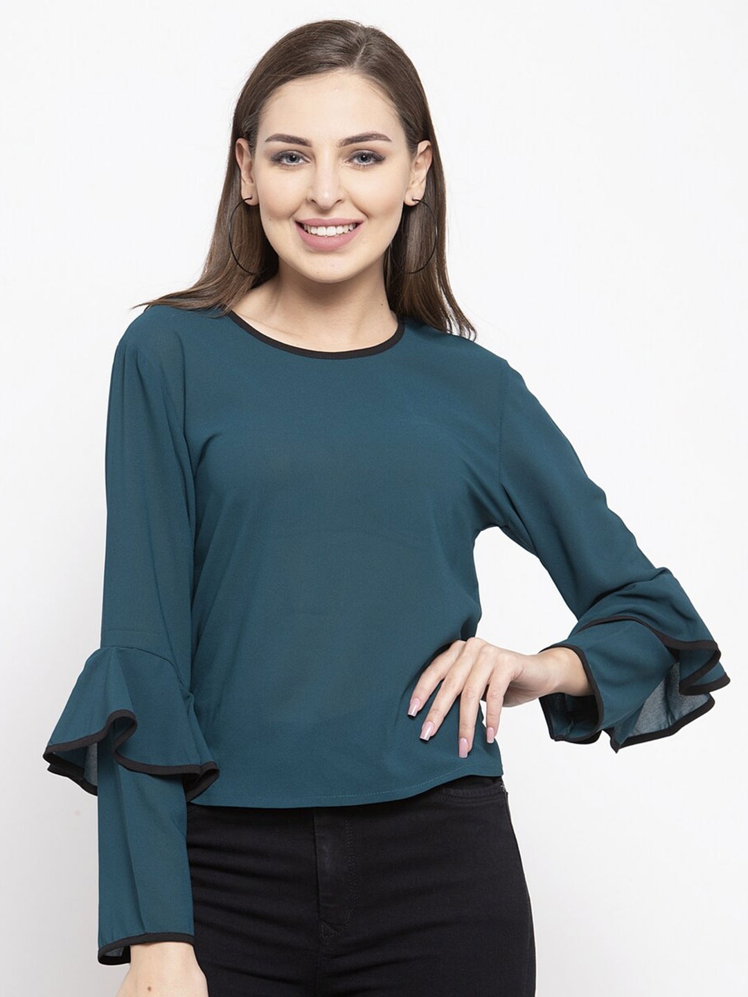 

Claura Teal Georgette Bell sleeves Top