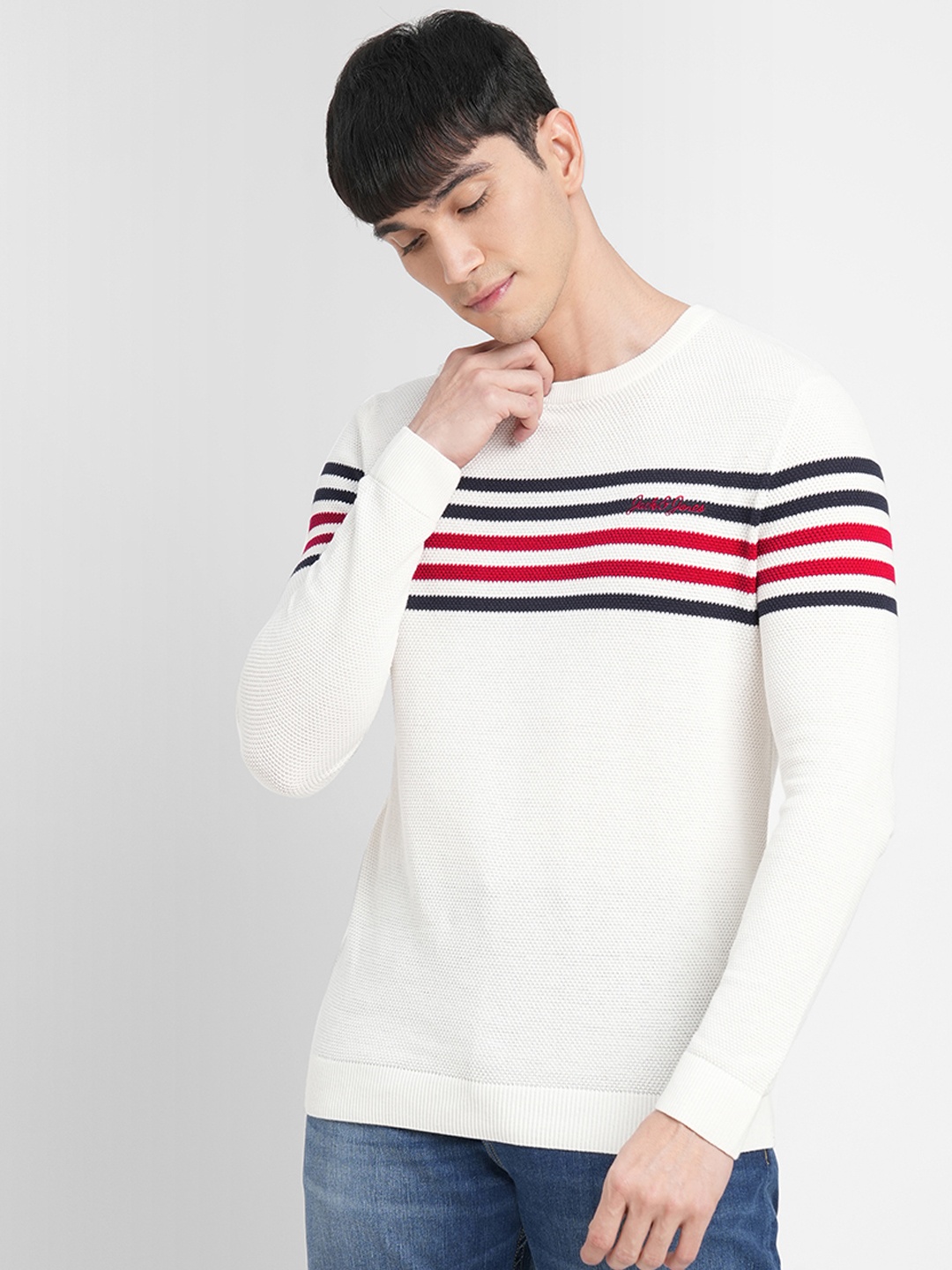 

Jack & Jones Men White & Navy Blue Pure Cotton Striped Striped Pullover