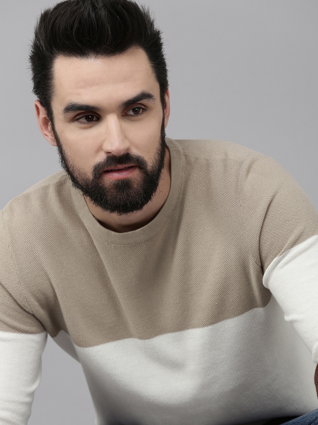 

Jack & Jones Men White & Beige Colourblocked Pure Cotton Pullover