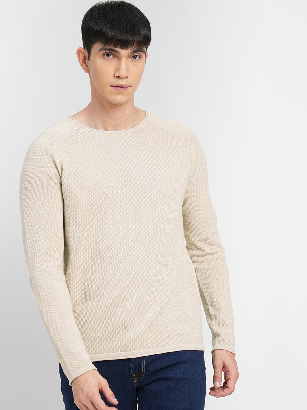 

Jack & Jones Men Beige Pure Cotton Long Sleeves Pullover Sweaters