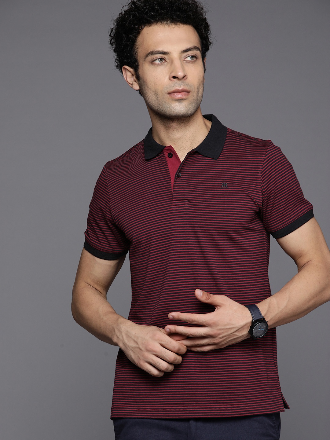 

Raymond Men Black & Maroon Striped Modern Fit Polo Collar Pure Cotton T-shirt