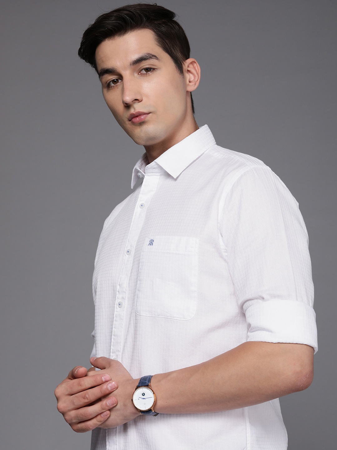 

Raymond Men White Slim Fit Checked Opaque Self Design Pure Cotton Casual Shirt
