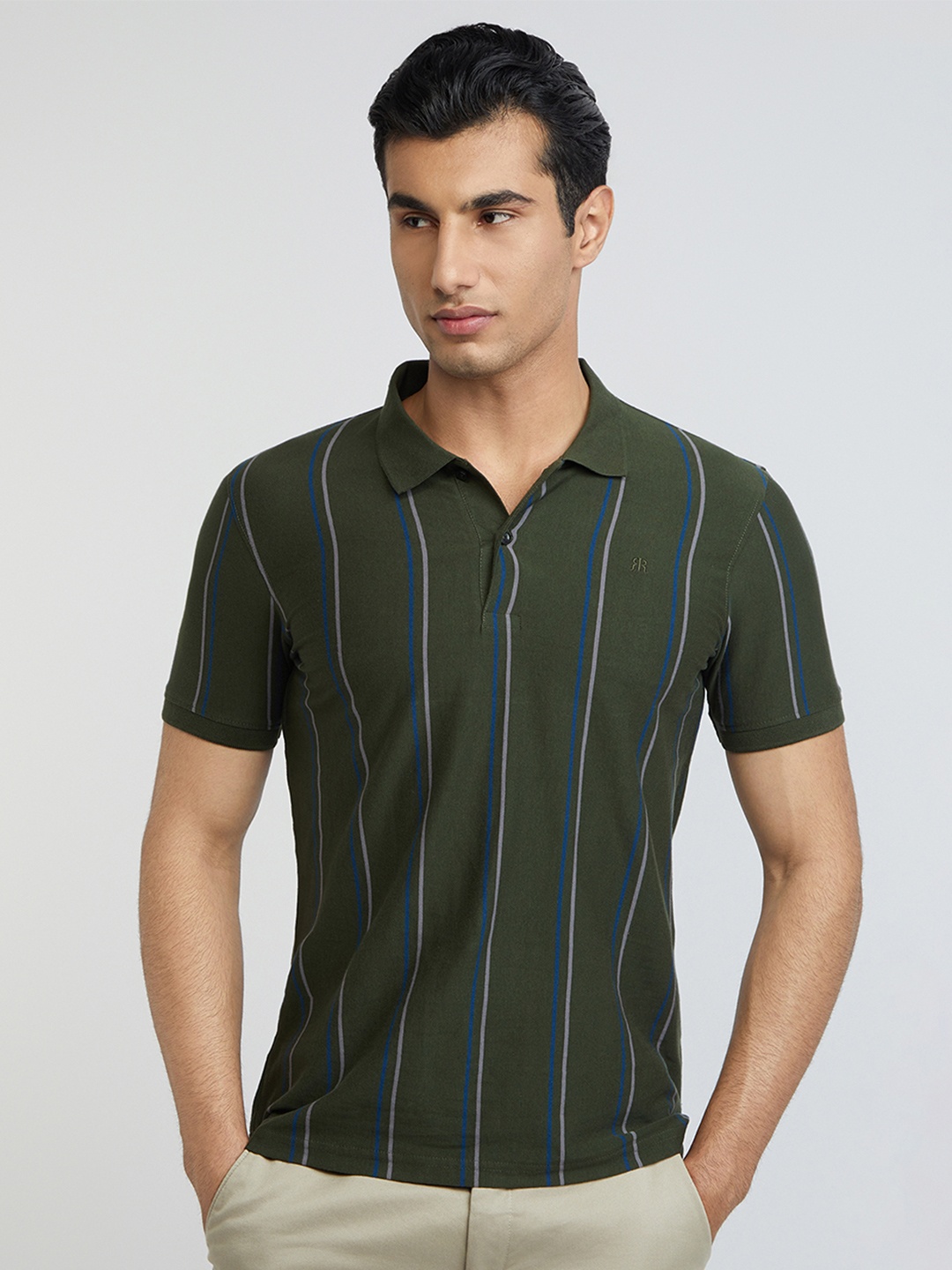 

Raymond Men Green & Grey Striped Polo Collar Pure Cotton T-shirt