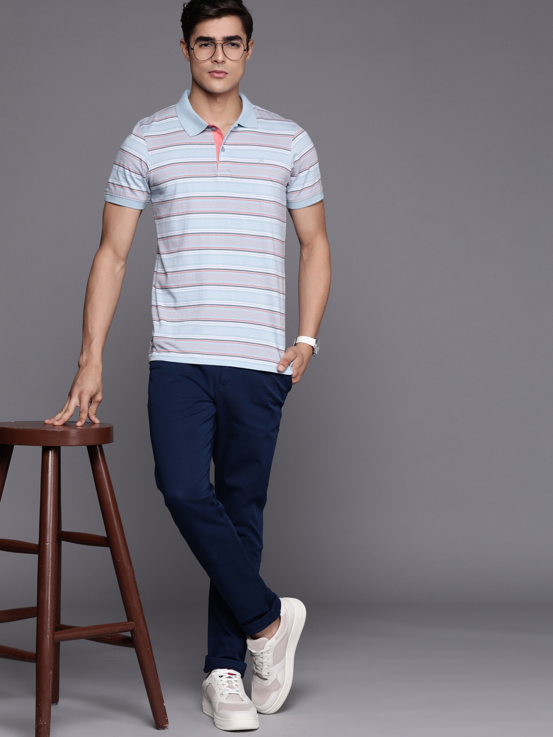 

Raymond Men Blue & White Striped Polo Collar Pure Cotton T-shirt