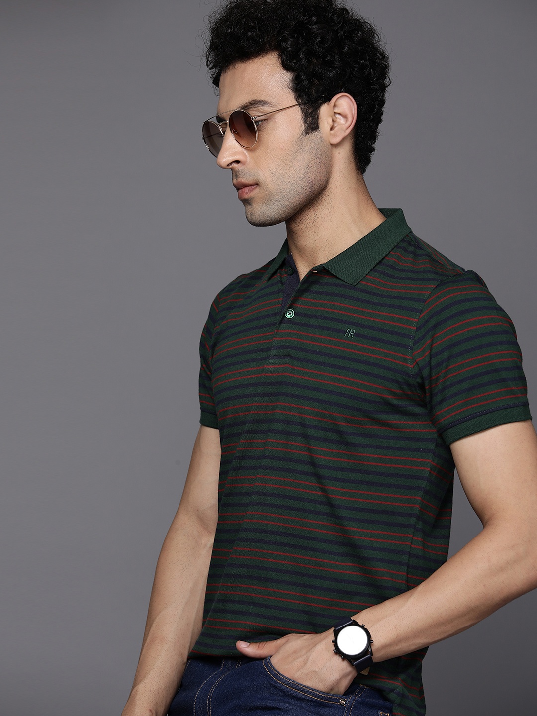 

Raymond Men Green & Red Striped Modern Fit Polo Collar Pure Cotton T-shirt