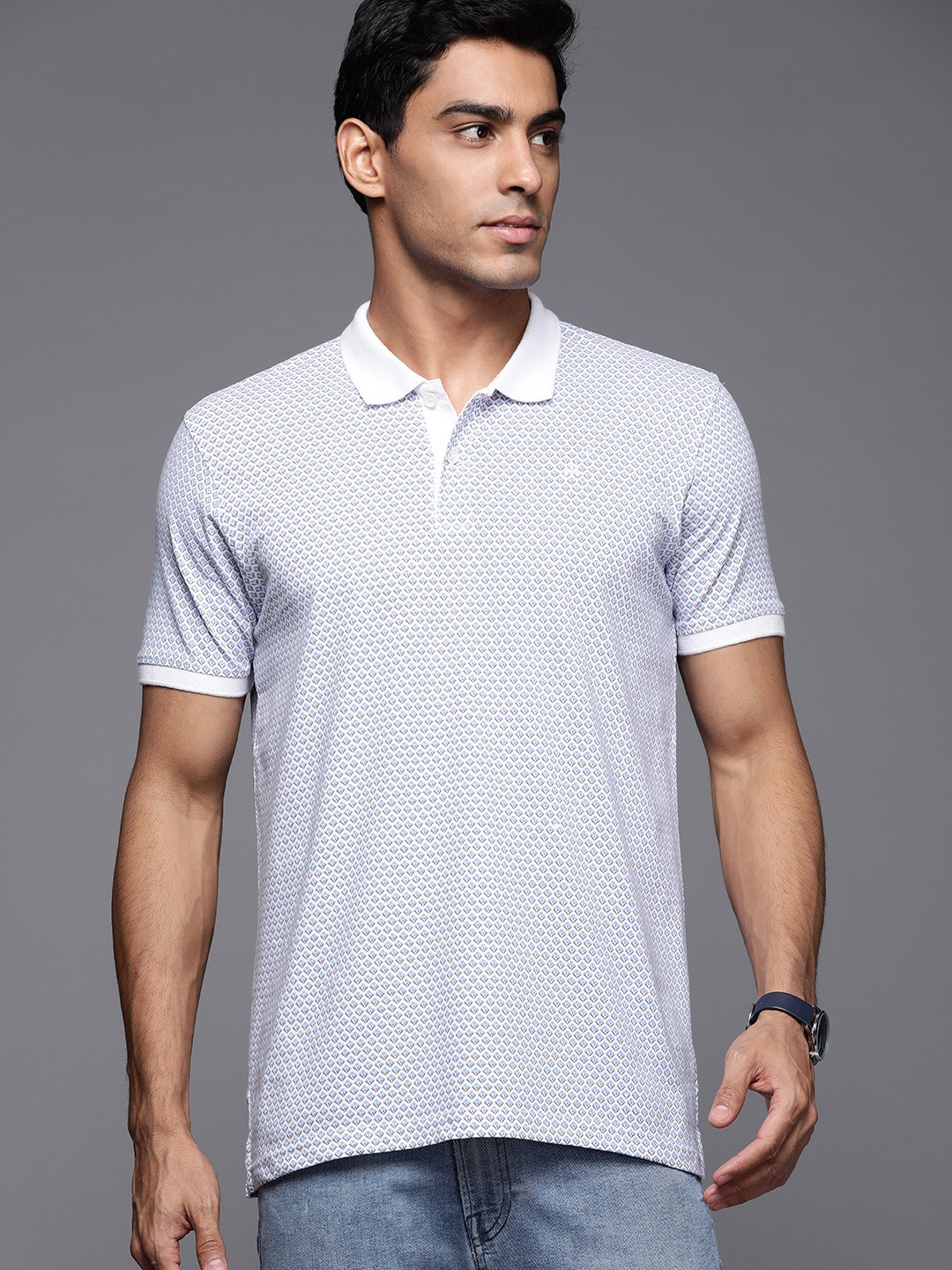 

Raymond Men White & Blue Pure Cotton Micro Floral Motif Printed Polo Collar T-shirt