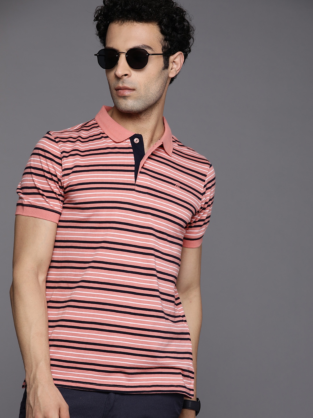 

Raymond Men Coral & Black Striped Modern Fit Polo Collar Pure Cotton T-shirt