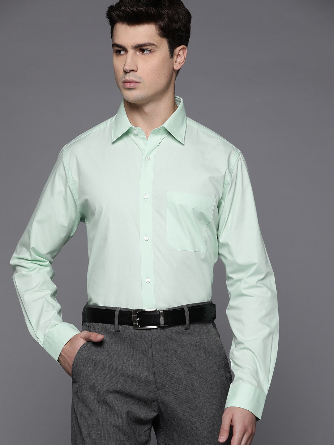 

Raymond Men Green Solid Pure Cotton Slim Fit Formal Shirt