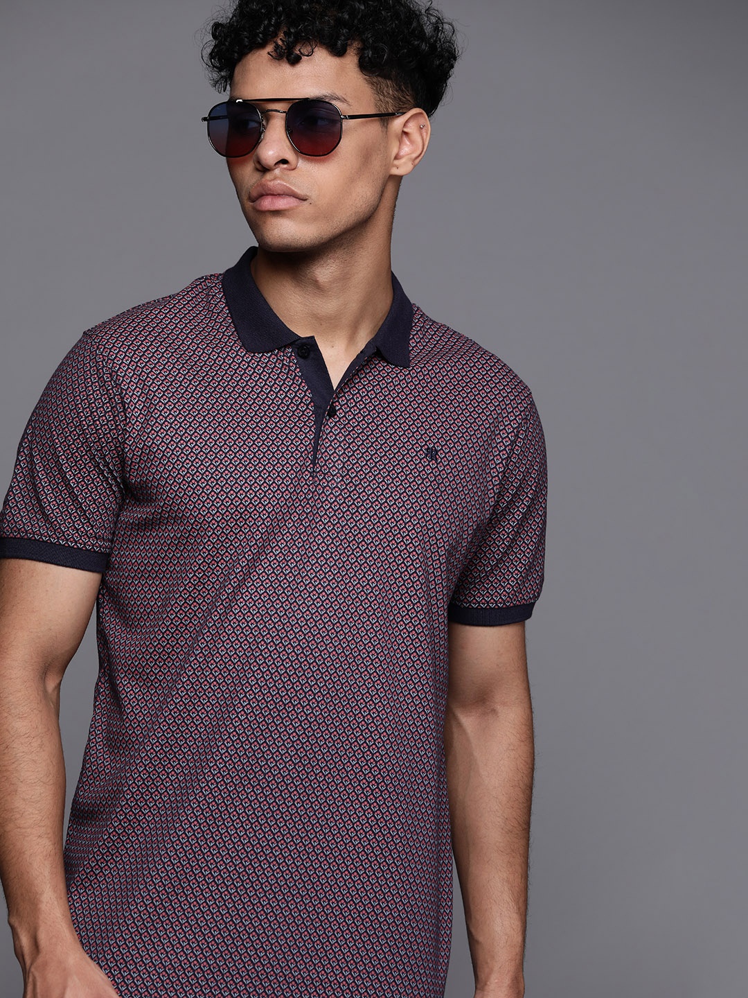 

Raymond Men Navy Blue & Red Pure Cotton Printed Polo Collar T-shirt