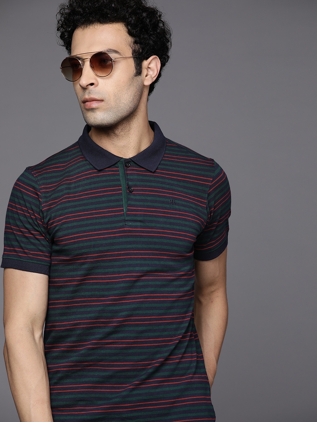 

Raymond Men Navy Blue & Olive Green Striped Modern Fit Polo Collar Pure Cotton T-shirt