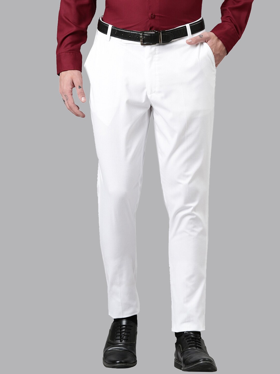 

Kryptic Men Tapered Fit Cropped Formal Trousers, White