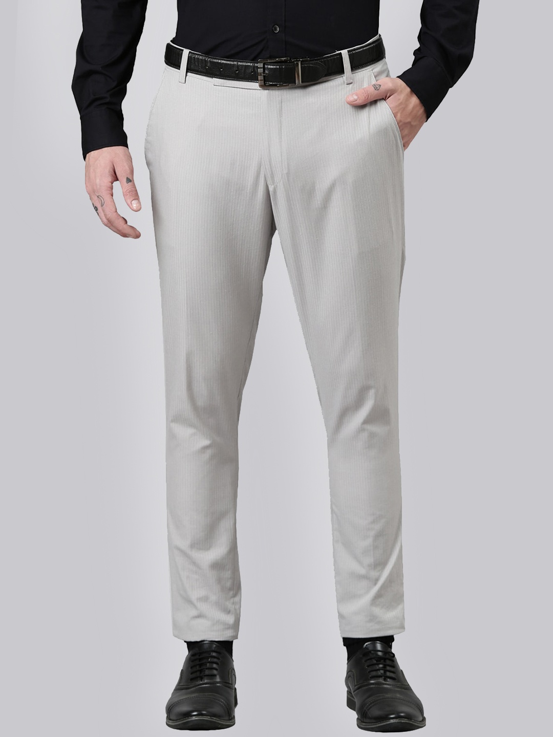 

Kryptic Men Solid Cotton Blend Tappered Fit Cropped Formal Trouser, Grey