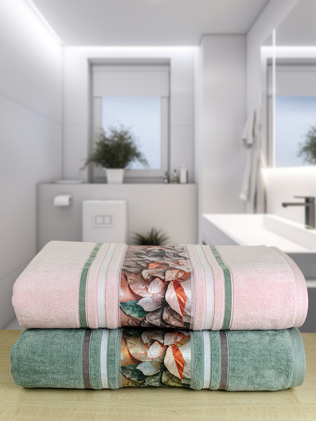 

RANGOLI Green Set of 2 Oriental Pure Cotton 450 GSM Quick-Dry Bath Towels