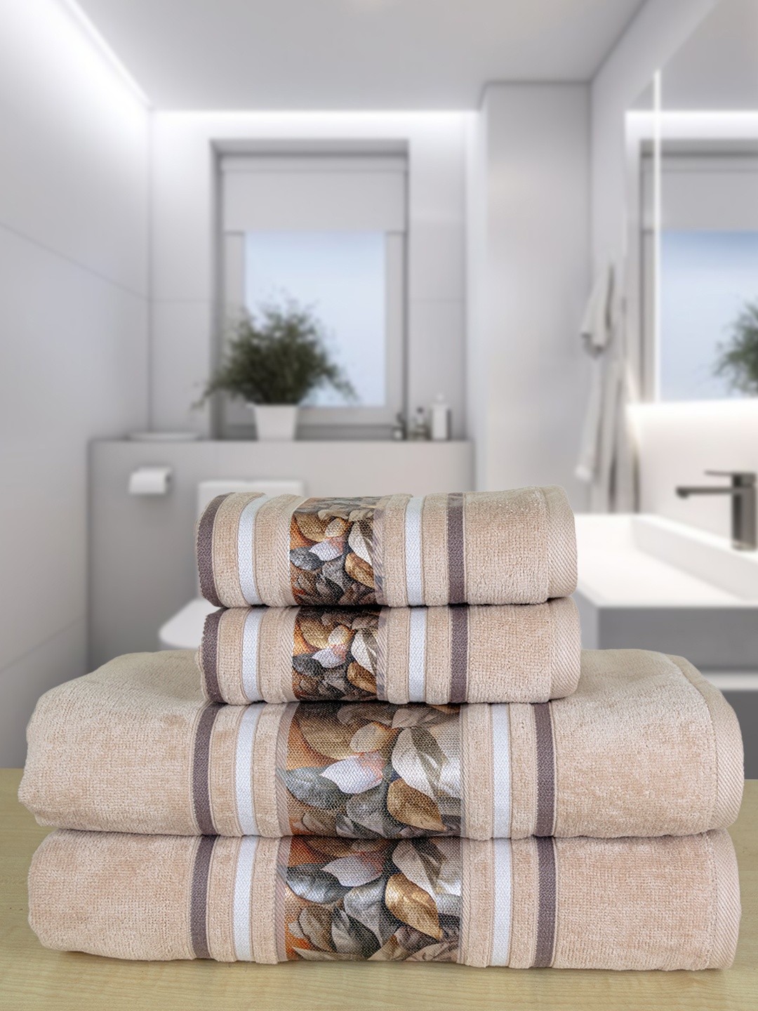 

RANGOLI Pack Of 4 Beige Solid 450 GSM Pure Cotton Towel Set