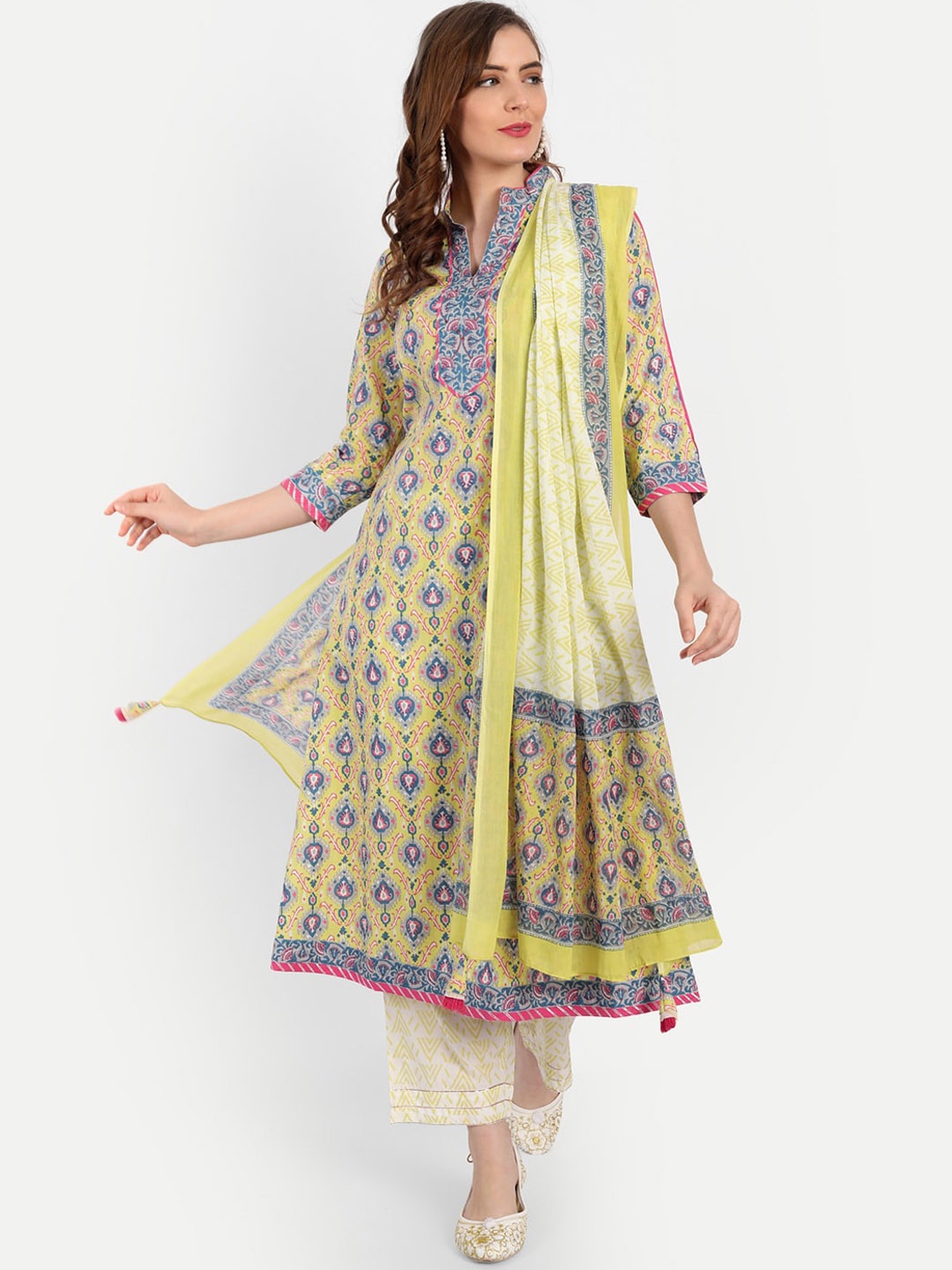 

SUTI Women Yellow Floral Printed Pure Cotton Kurta with Trousers & With Dupatta