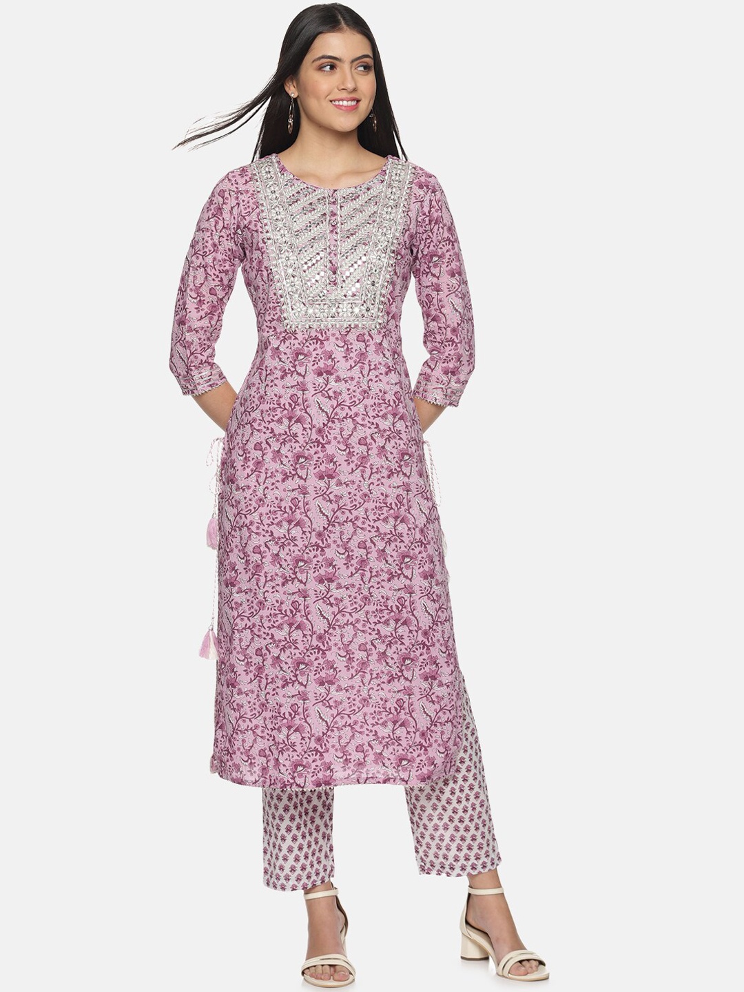 

Palakh Women Purple Floral Printed Pure Cotton Kurti with Trousers