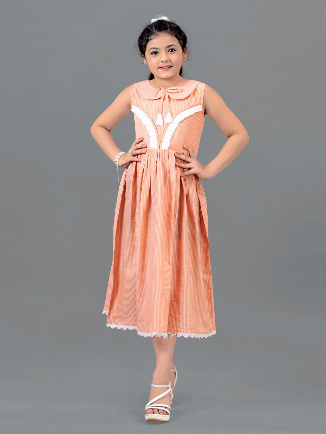 

FASHION DREAM Orange Cotton Stripe Printed Peter Pan Collar Dress