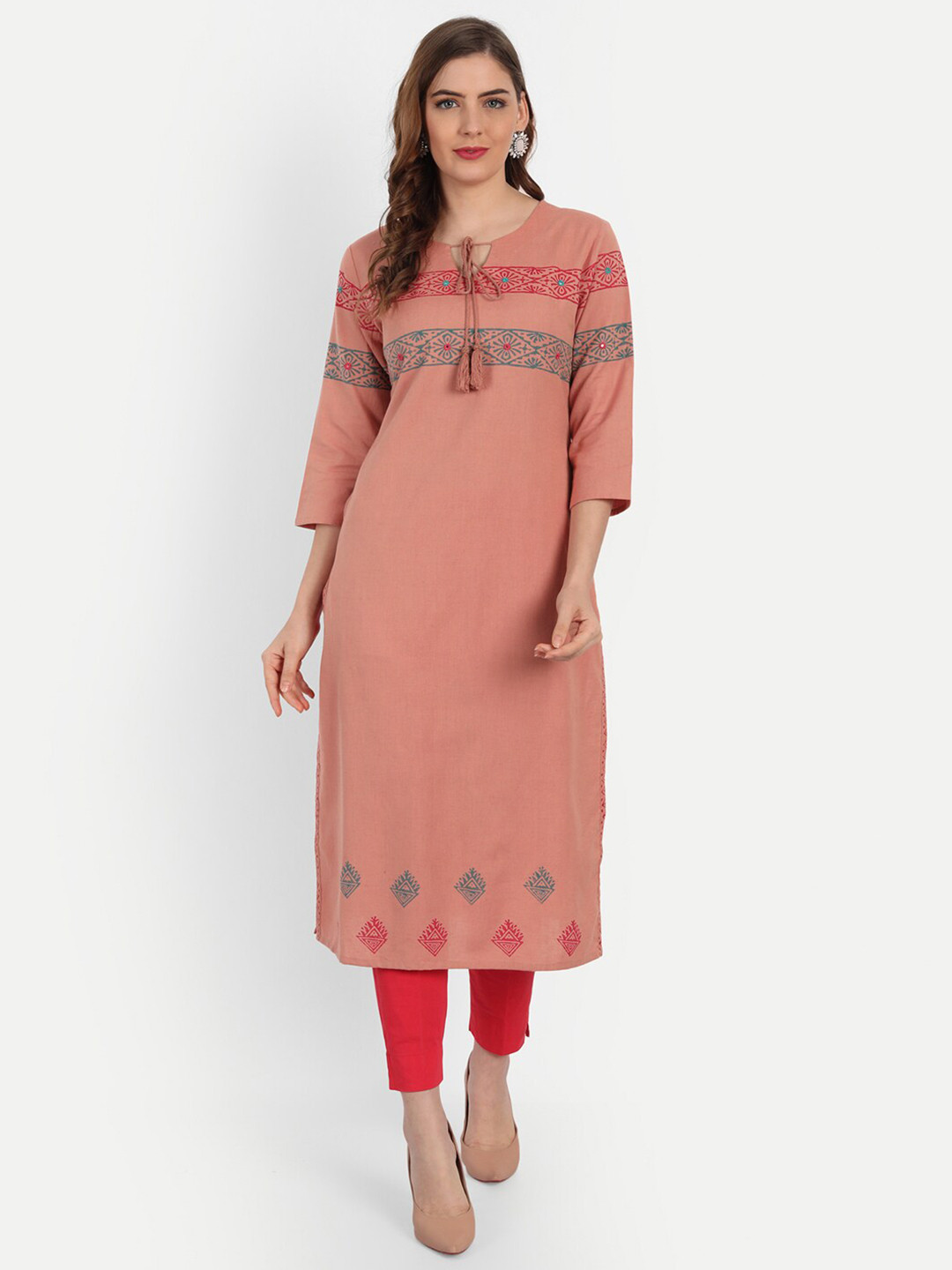 

SUTI Women Pink Floral Printed Keyhole Neck Mirror Work Kurta