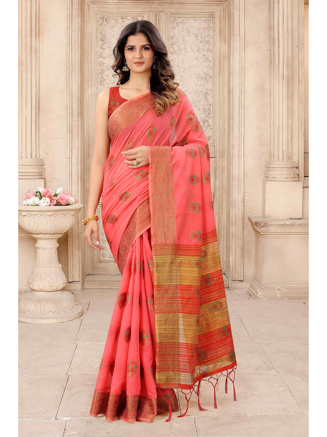 

Mizzific Pink & Green Woven Design Zari Pure Cotton Chanderi Saree