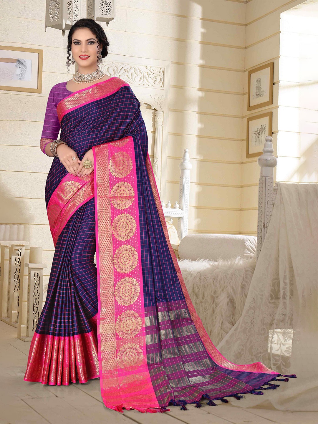 

Mizzific Blue & Pink Woven Design Zari Silk Cotton Banarasi Saree