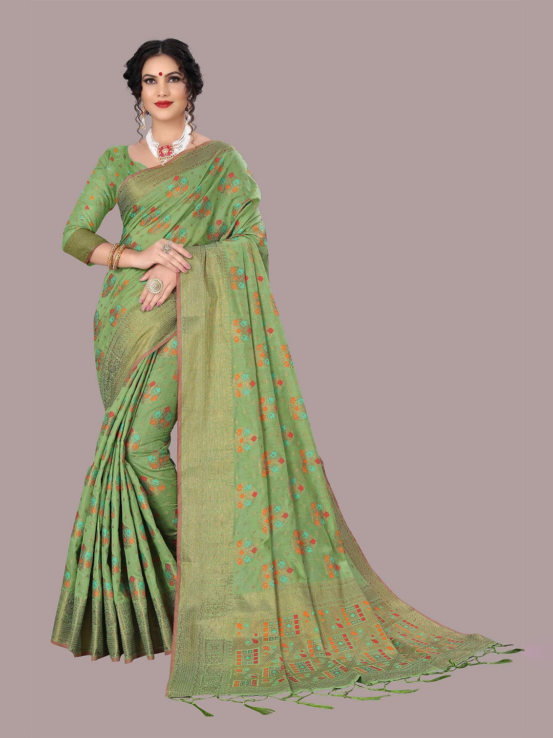 

Mizzific Green & Orange Floral Woven Design Zari Pure Cotton Chanderi Saree