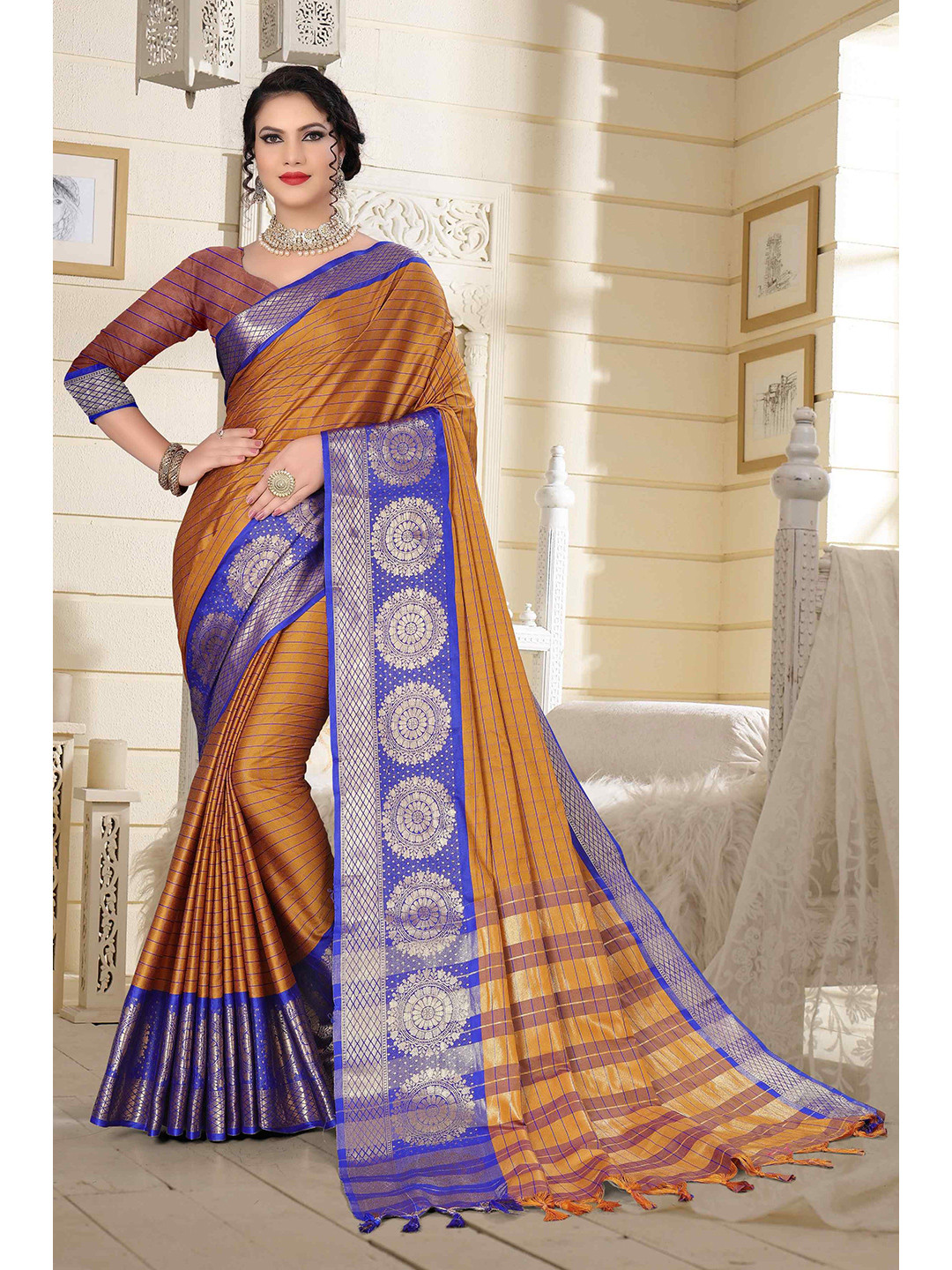 

Mizzific Blue & Orange Woven Design Zari Silk Cotton Banarasi Saree
