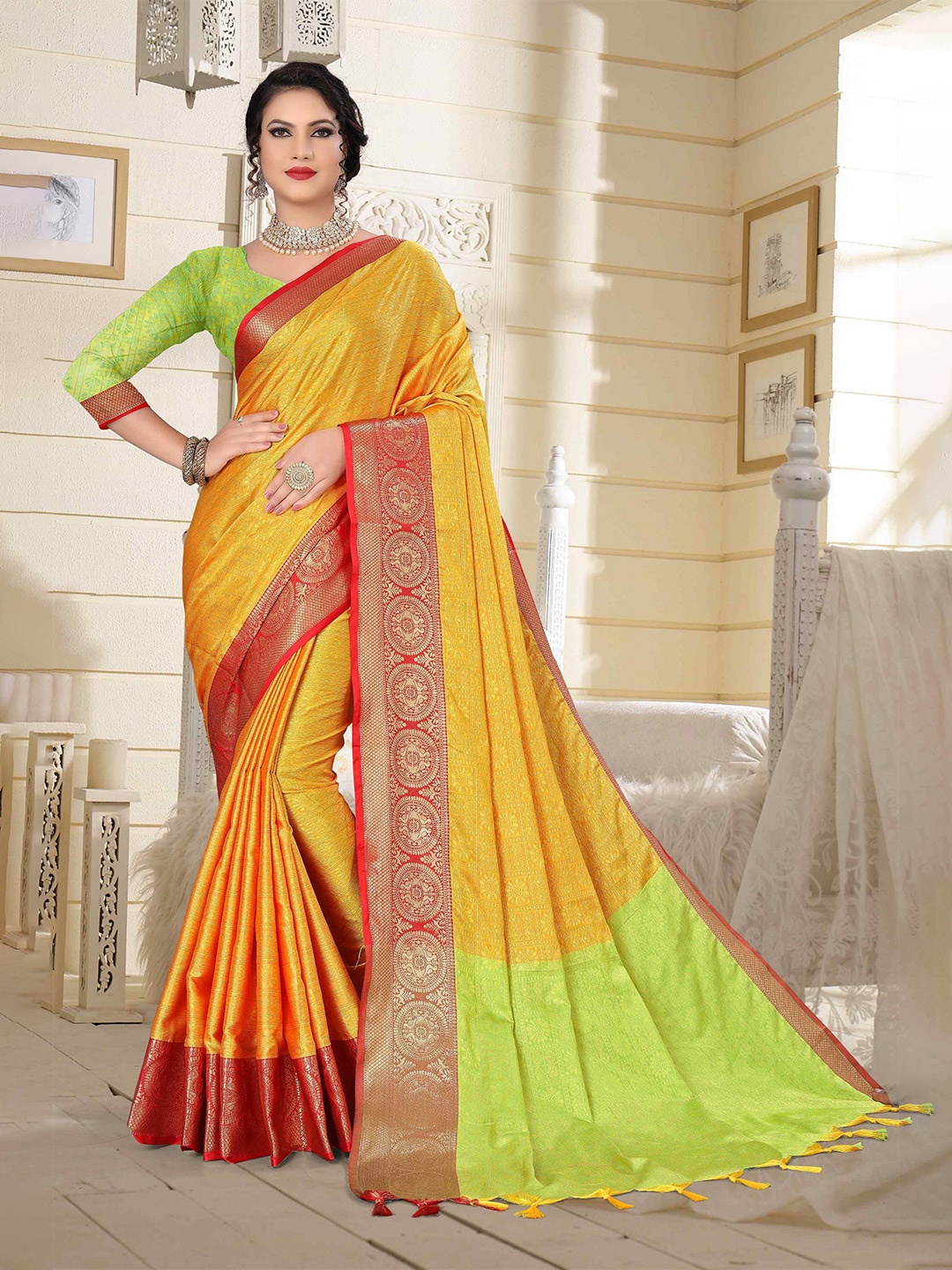 

Mizzific Yellow & Red Woven Design Zari Silk Cotton Kanjeevaram Saree