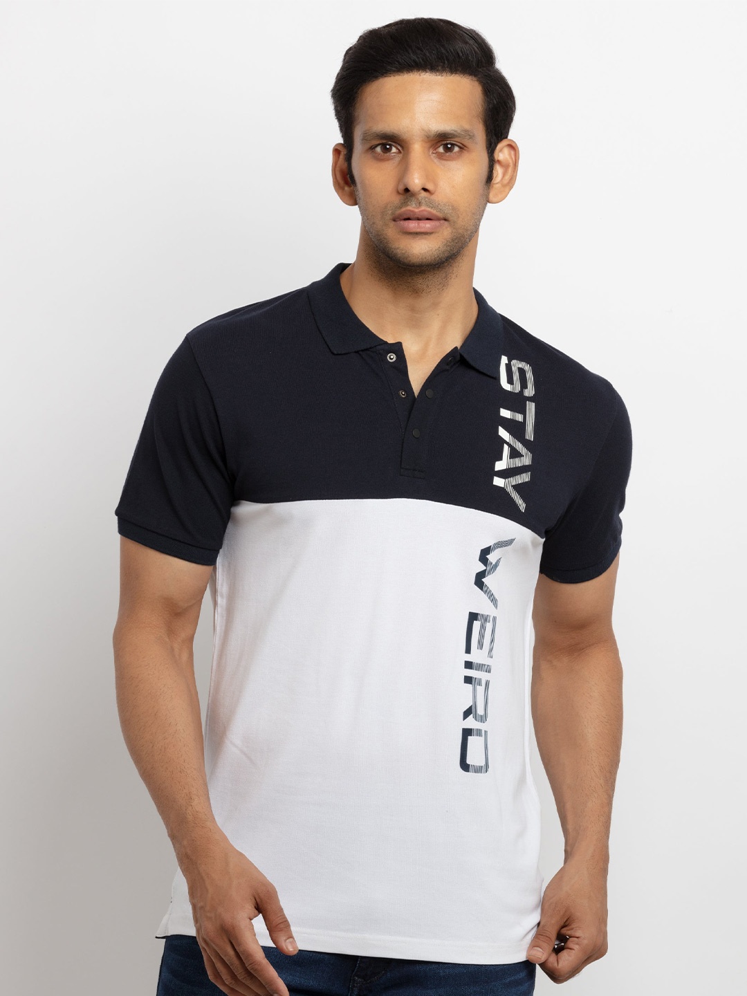 

Status Quo Men Navy Blue Typography Printed Polo Collar T-shirt