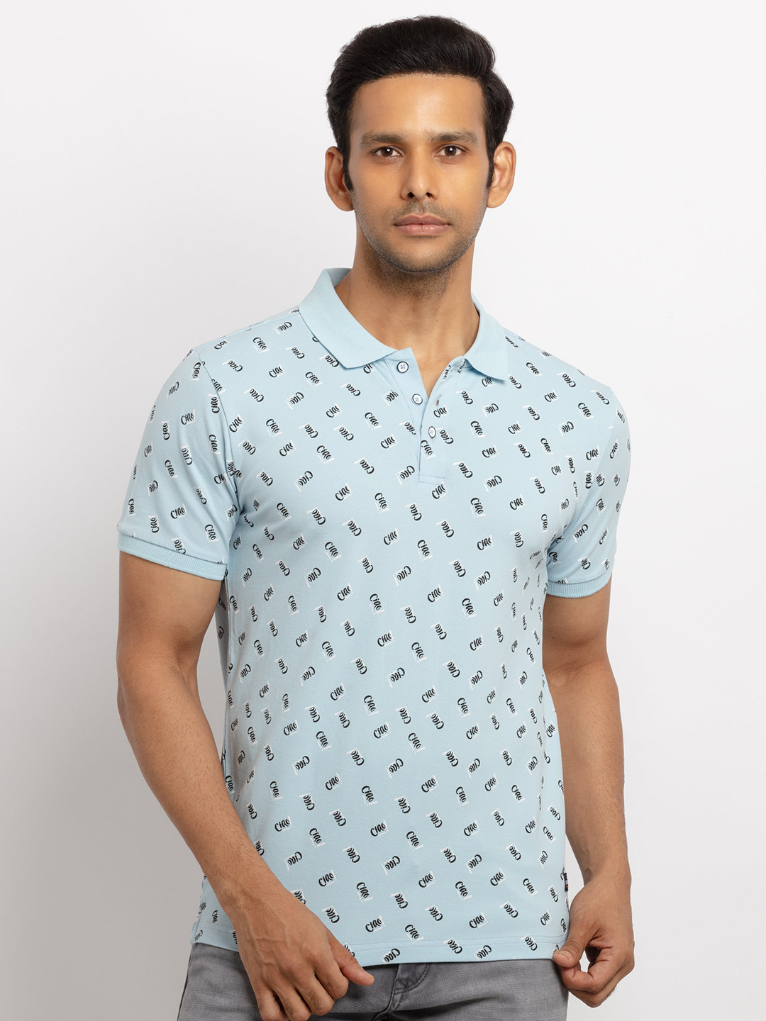 

Status Quo Men Blue Printed Polo Collar T-shirt